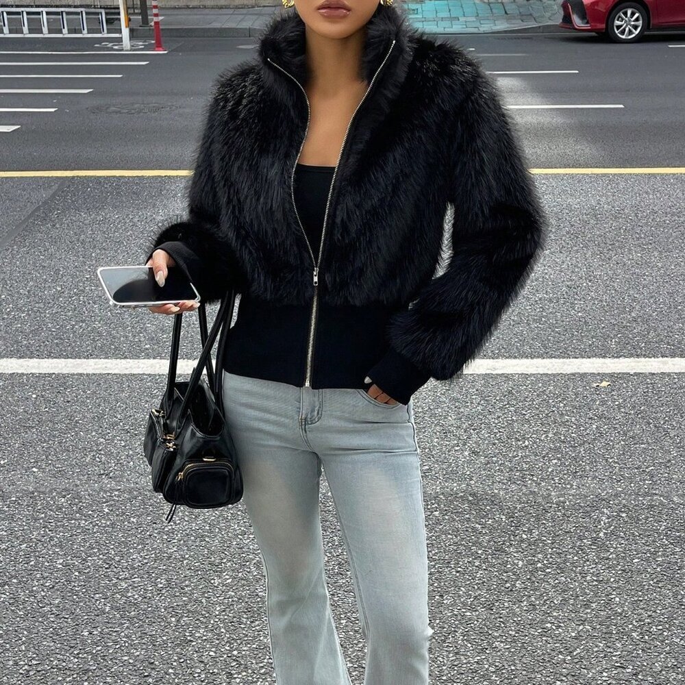 Black Casual Women's Minimalist Y2k Long Sleeve Faux Fur Jacket - Picture 6 of 8